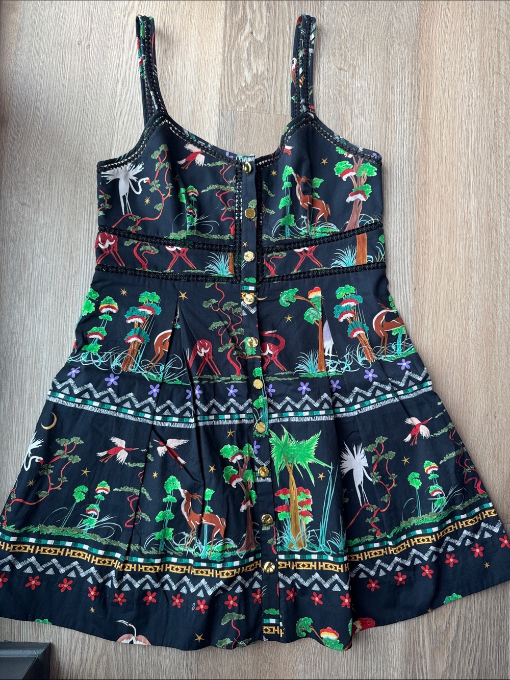 Black Tropical Print Mini Dress with Button Front